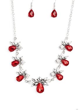 Paparazzi Silver-Tone Red Teardrop Crystal Necklace & Earring Set
